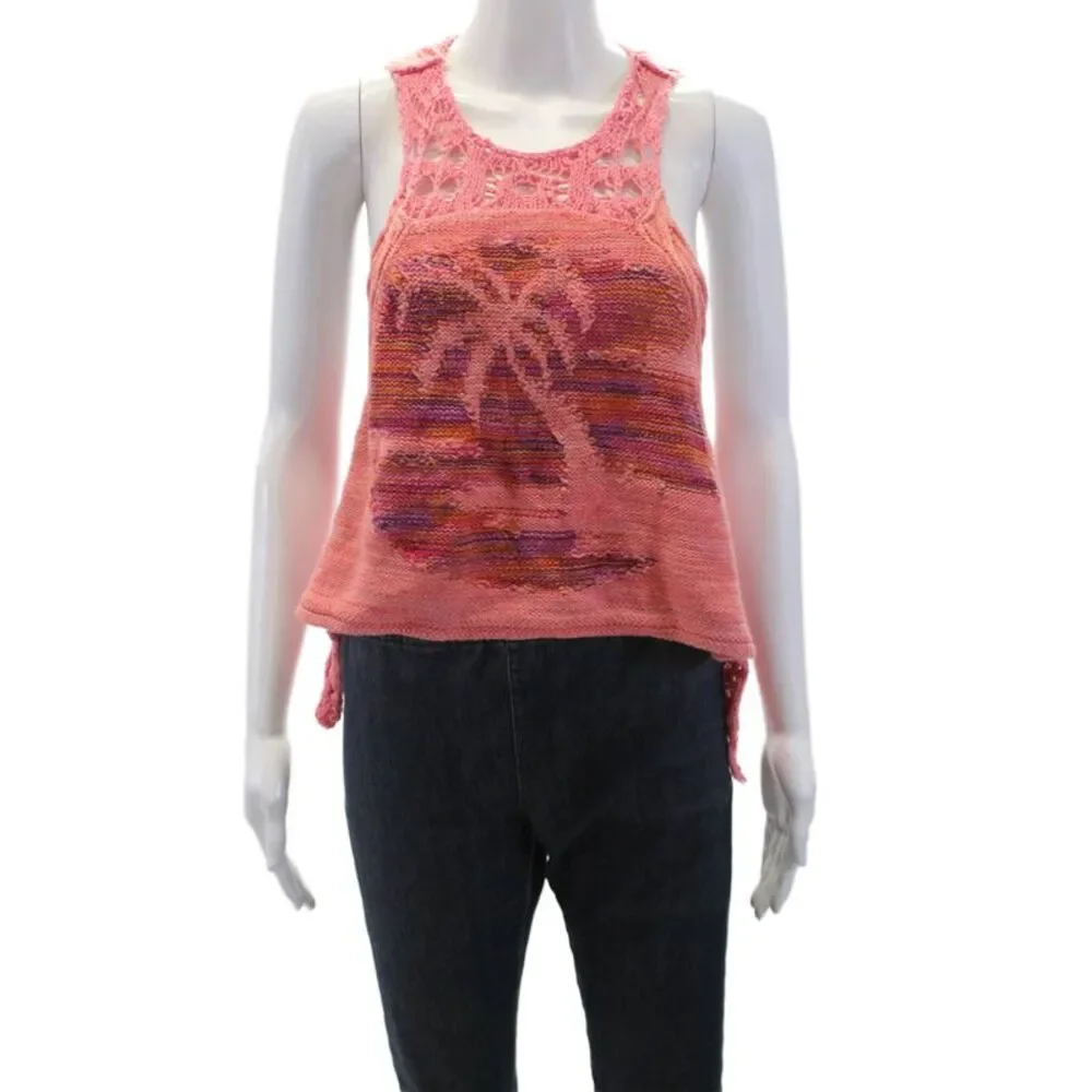 Free People Womens Luau Tank Crochet Asymmetric Shirt Top Pink Cotton Sz XS